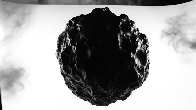 Black asteroid object floating in white space with mysterious smoke swirling concept