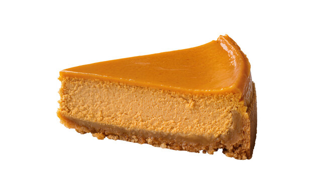 Thick slice of caramel cheesecake with graham cracker crust, isolated on transparent background