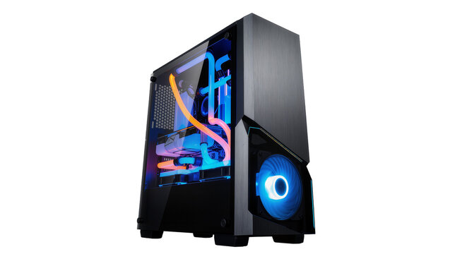Custom liquid cooled gaming PC with RGB lighting, isolated on transparent background