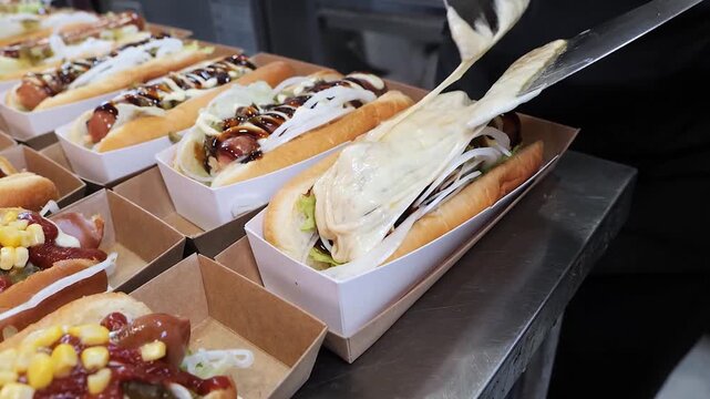 A close-up, high-angle shot of a street food vendor preparing artisanal hot dogs. The footage captures the moment melted white cheese is scraped or poured onto a loaded bun.