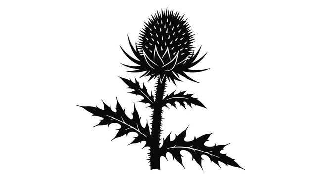 Black and white thistle flower silhouette with thorny leaves, botanical illustration of wild Scottish thistle isolated on white.