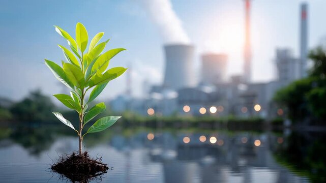 young green tree against industrial skyline, sapling rooted in dark soil with wind turbine and cooling tower blurred in background, moody cloudy sky, visual
