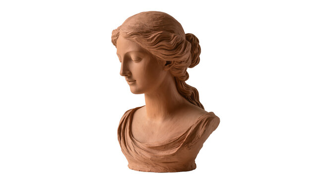 Terracotta bust of a classical woman with flowing hair, isolated on transparent background