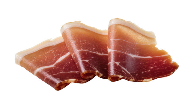 Thinly sliced prosciutto ham with fat marbling, isolated on transparent background