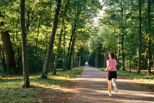 Rear view of a woman jogging on a wide forest road, sunlight filtering through trees