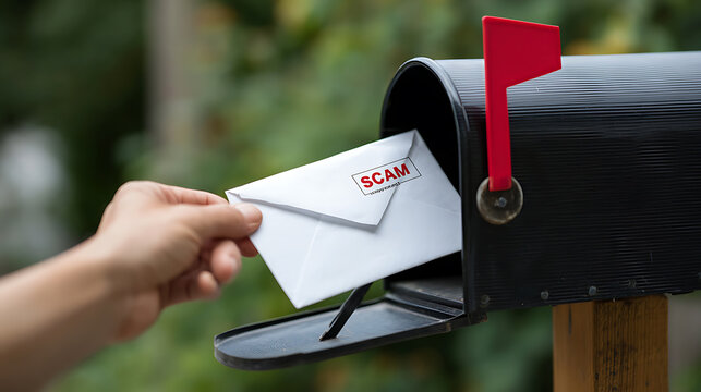 A hand retrieves a suspicious unsolicited white envelope labeled with a red stamp from a black mailbox, highlighting a common problem in mail delivery