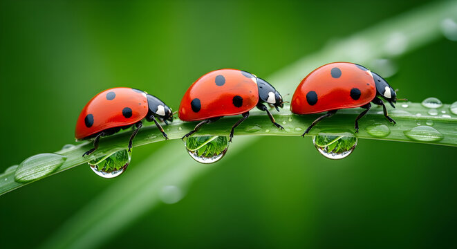 Three ladybugs crawling on a green leaf with water droplets macro photography