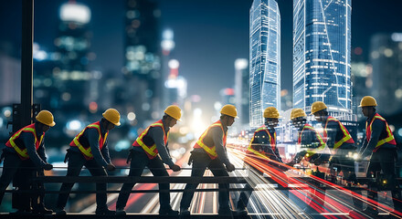 Obraz premium Construction workers in hard hats and safety vests working on a high-rise building at night in the city