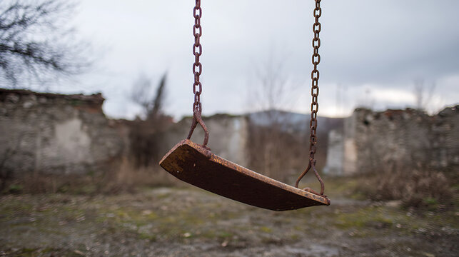 Rusty swing set with wooden seat and metal chains in a desolate, overgrown outdoor area with blurred ruined walls in background under cloudy sky