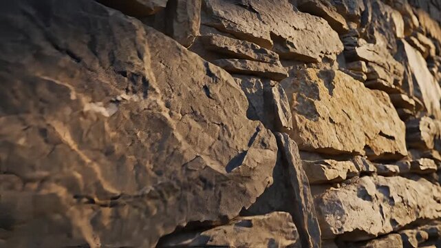 Closeup of a weathered stone wall with layered rocks and natural textures.