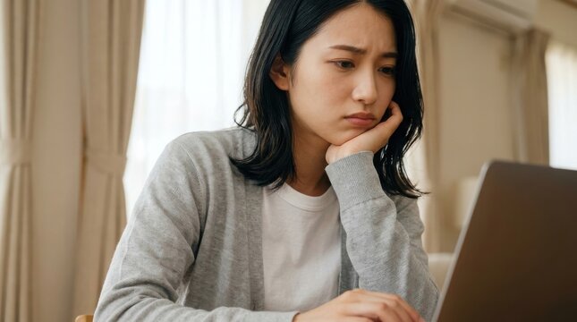 パソコンの前で悩む女性 自宅で仕事が進まず困り顔のフリーランス