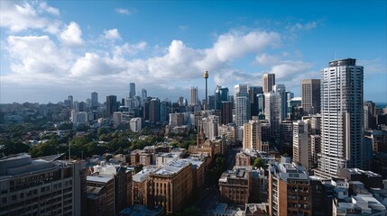 Obraz premium Panoramic elevated view capturing the sprawling density of a modern city s architectural skyline under a bright partially clouded sky
