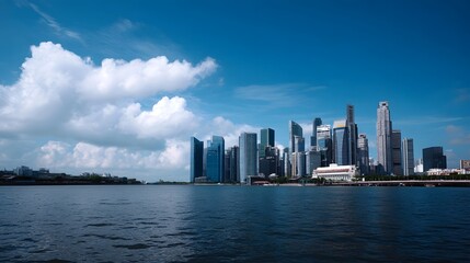 Obraz premium A magnificent view of a dense modern city skyline framed against a bright blue sky and peaceful water