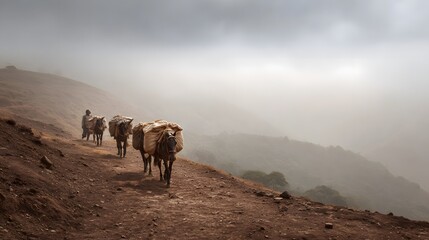 Fototapeta premium Heavily laden animals and a person traverse a misty dirt path through a foggy mountain landscape