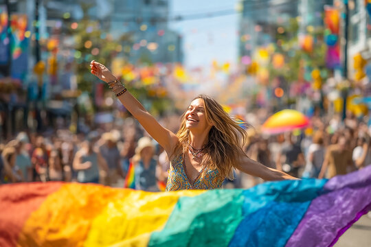 Happy young woman celebrating at a vibrant pride parade, holding a large rainbow flag with joy and freedom, diverse crowd in the background, LGBTQ+ rights movement, inclusivity and diversity concept