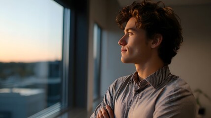 Fototapeta na wymiar A thoughtful young man stands by a window contemplating the expansive city view bathed in the soft warm glow of dusk