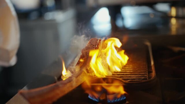 Flames burst from a hot pan during cooking. Chef grips utensil, focusing on searing food. Warmth radiates from sizzling, flaming dish. Ideal for culinary, food, or restaurant content