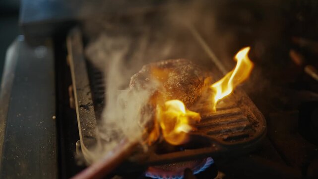 Flames lick a steak on a grill. Smoke curls above the sizzling meat. Heat glows warmly beneath the grates. Cooking passion radiates from the fire. Great for food or culinary scenes