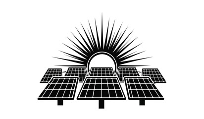 A striking visual depicts several rectangular solar panels arranged below a radiant burst creating a bold silhouette high quality professional detailed modern elegant stylish © rsvect02