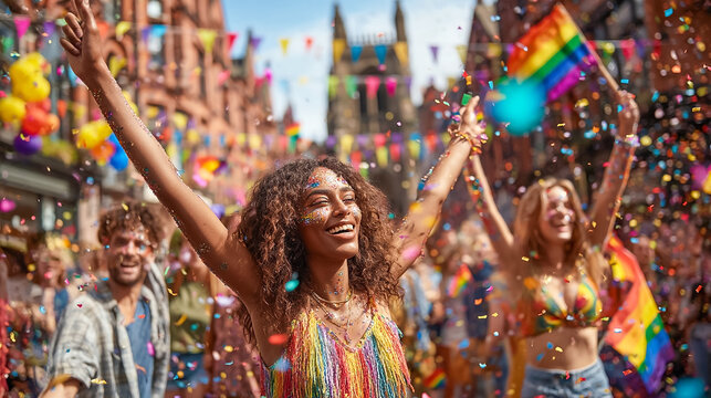 Joyful diverse crowd celebrating LGBTQ+ Pride parade with rainbow flags and colorful confetti raining down, capturing themes of love, equality, freedom, and community celebration in a vibrant urban