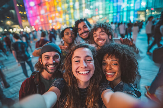 Diverse group of happy young friends taking a selfie at a vibrant city festival at night, with colorful illuminated buildings in the background, capturing joyful moments of connection and