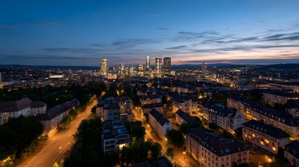 Fototapeta premium Panoramic view of a vast metropolitan cityscape captured during the soft glowing transition of dawn twilight