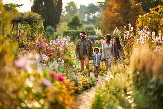Happy African American family walking together through a beautiful blooming garden during a sunny autumn day, enjoying quality time outdoors in nature, lifestyle photography for family marketing ads.