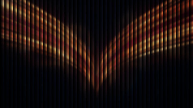 Abstract v shaped light patterns on dark vertical ribbed surface creating a modern digital texture background for sophisticated graphic design projects featuring warm tones of amber red and deep gold