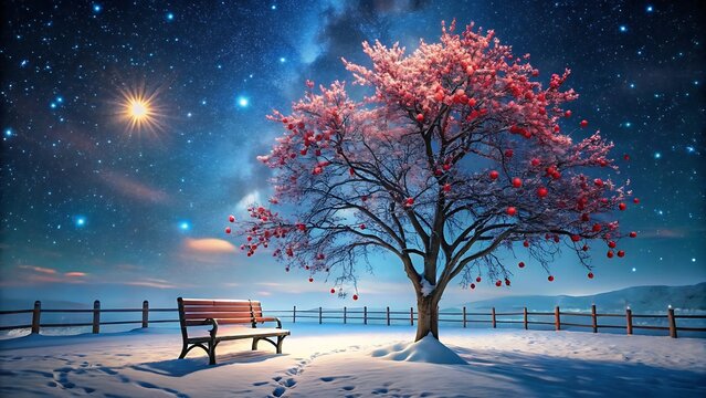 Cherry blossom tree under starry night sky illustration