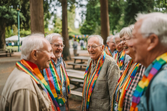 Joyful elderly friends, diverse seniors, and LGBTQ+ community members wearing rainbow scarves celebrate pride and togetherness in a park, smiling and laughing, representing inclusivity, acceptance,