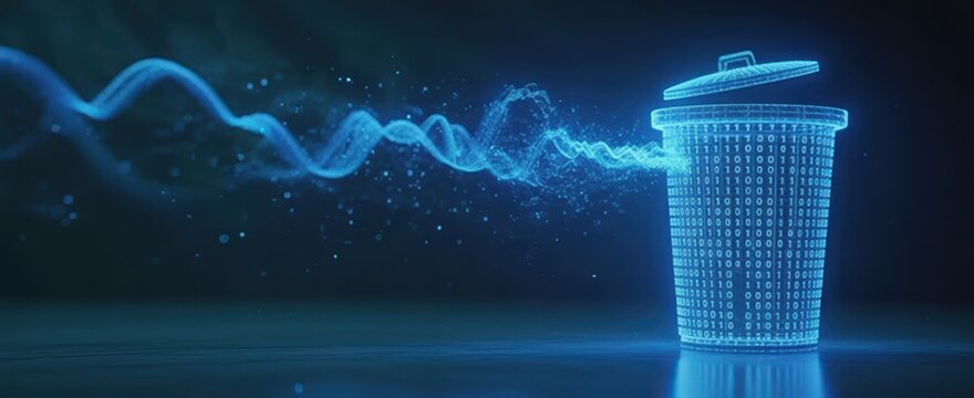 Conceptual illustration of digital information being deleted into a binary code wastebasket