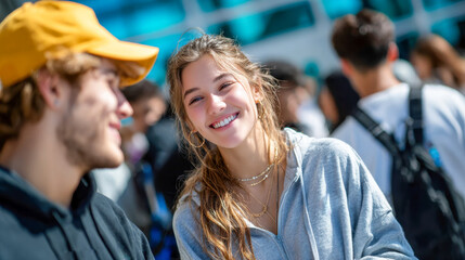 Fototapeta premium Smiling teenagers talking outdoors in a crowded public space, capturing friendship and youthful connection