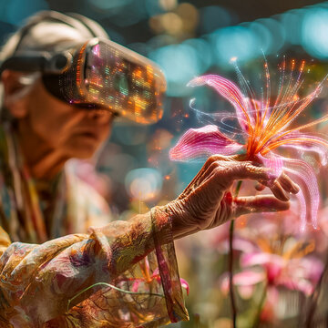 Elderly person wearing VR headset exploring digital augmented reality flowers, experiencing futuristic technology, nature, and virtual reality in a vibrant, glowing garden, symbolizing innovation