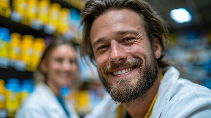 Fototapeta premium Smiling male pharmacist stands in a pharmacy aisle, presenting friendly healthcare service in a retail medicine environment