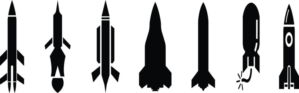 Rocket missile space launch vehicle icon set collection group in black flat style featuring rocket, missile, spacecraft, booster, launch synonym elements for aerospace, military and technology design