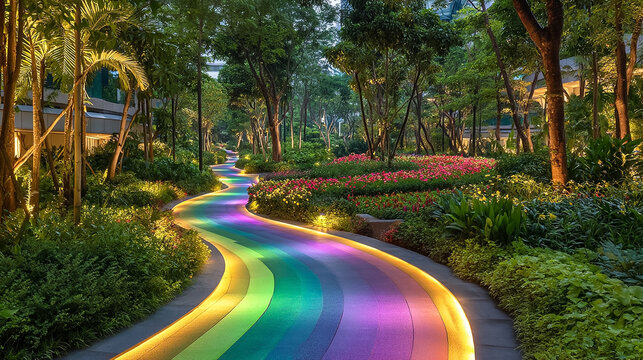 Enchanting Rainbow Pathway Illuminates Lush Garden at Dusk, Featuring Vibrant Flower Beds and Tropical Palm Trees, Ideal for Serene Escapes, Urban Oases, and Magical Marketing Campaigns