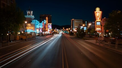 Fototapeta premium Vibrant panoramic view of a metropolitan street at night characterized by neon signs and streaks of light motion