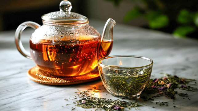 Glass teapot and teacup with loose leaf herbal tea on marble surface, creating a warm and elegant tea ritual scene