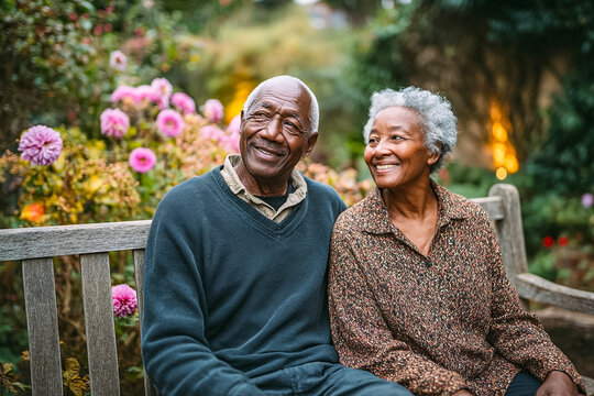 Elderly Black Couple Smiling Happily While Sitting on a Park Bench Surrounded by Lush Garden Flowers, Representing Love, Companionship, and Joy in Retirement Years, Ideal for Healthcare, Lifestyle,