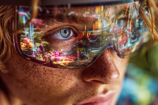Close-up of a young man's eye wearing futuristic augmented reality glasses, reflecting a vibrant, complex digital cityscape with glowing data streams, symbolizing innovation, virtual reality,