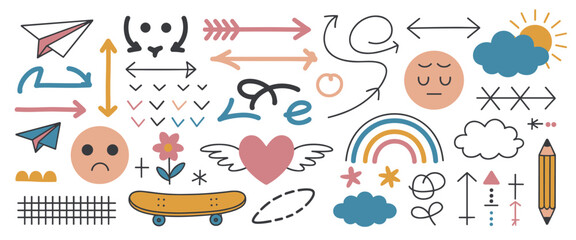 Fototapeta premium Hand drawn doodle set featuring paper planes arrows hearts clouds a rainbow a skateboard a pencil and facial expressions in a soft color palette of blue pink orange and black on a white background