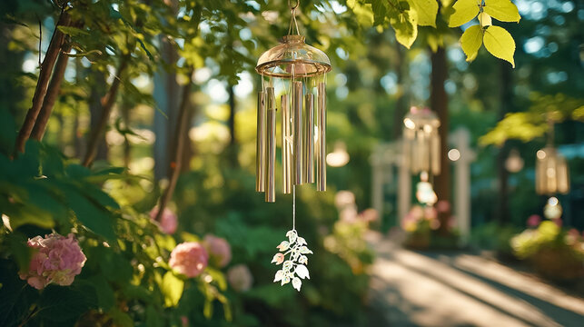 Beautiful metal wind chime hanging in a lush summer garden with soft bokeh background, peaceful zen atmosphere for meditation, home decor, outdoor relaxation, and serene nature wellness concept.