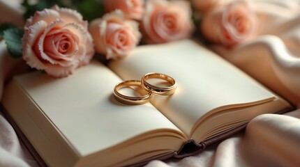 Gold wedding rings on open book with pink roses background
