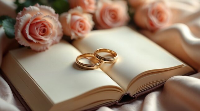 Gold wedding rings on open book with pink roses background