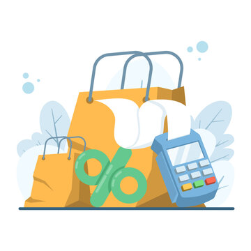 Contactless payment illustration with POS machine, card, and invoice, symbolizing NFC technology, secure transaction, retail payment system, digital finance, and modern shopping experience concept.