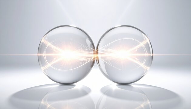 Twin luminous spheres representing quantum particle entanglement with mirrored energy beams. This scientific visualization captures the connection between subatomic particles.