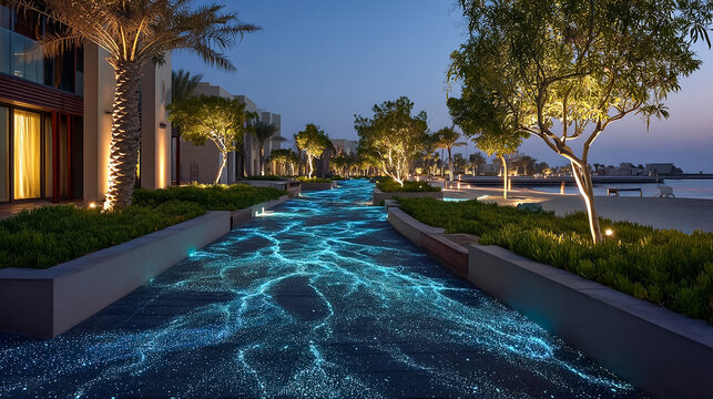 Stunning luxury resort pathway at twilight featuring glowing blue bioluminescent light patterns on the ground, creating a magical atmosphere for travel, hospitality, and modern architectural design.