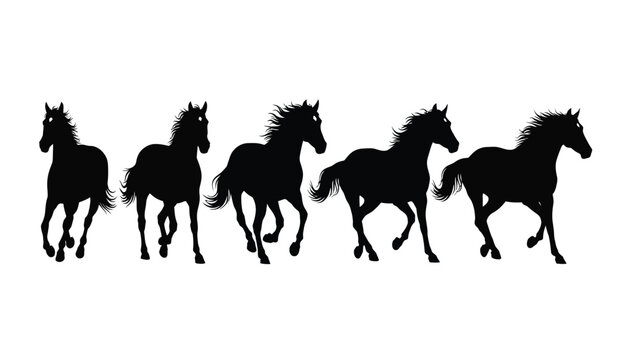 A striking arrangement of five black horse silhouettes in varying gaits showcases equine power and grace emphasizing movement silhouette high quality professional detailed modern