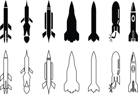Rocket missile space launch vehicle icon set collection group in black flat and line style featuring rocket, missile, spacecraft, booster, launch synonym elements for aerospace, military and technolog