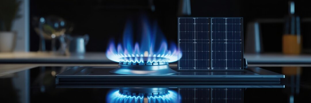Contrast of a blue gas flame and a solar panel on a dark reflective surface, representing energy transition and hybrid power solutions.